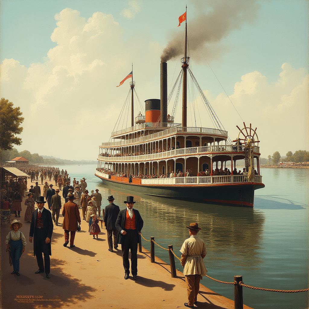 19th century painting illustrating a Mississippi steamboat docked along the river, bustling with activity