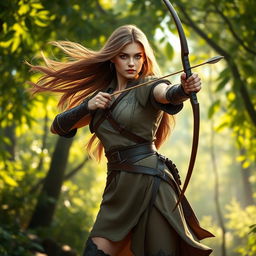 A full-body portrait of a female archer standing confidently