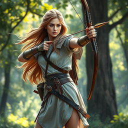 A full-body portrait of a female archer standing confidently