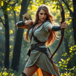 A full-body portrait of a female archer standing confidently