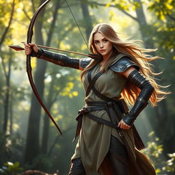 A full-body portrait of a female archer standing confidently