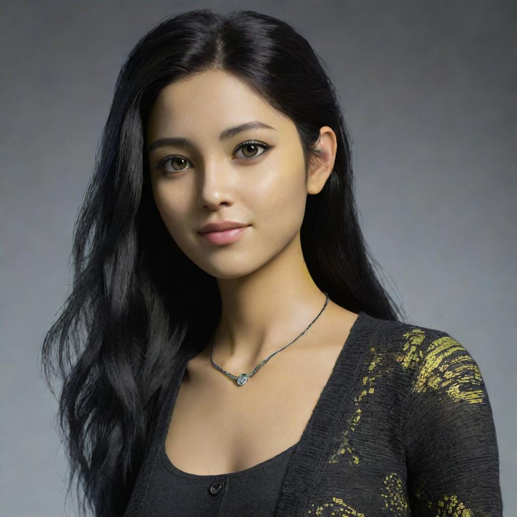 Generate an image of a 15-year-old female Na'vi. She has a round face, slightly asian eyes, chic low-rise bell bottoms, and messy black hair. She wears a stylish see-through cardigan, displaying confident and unique style.