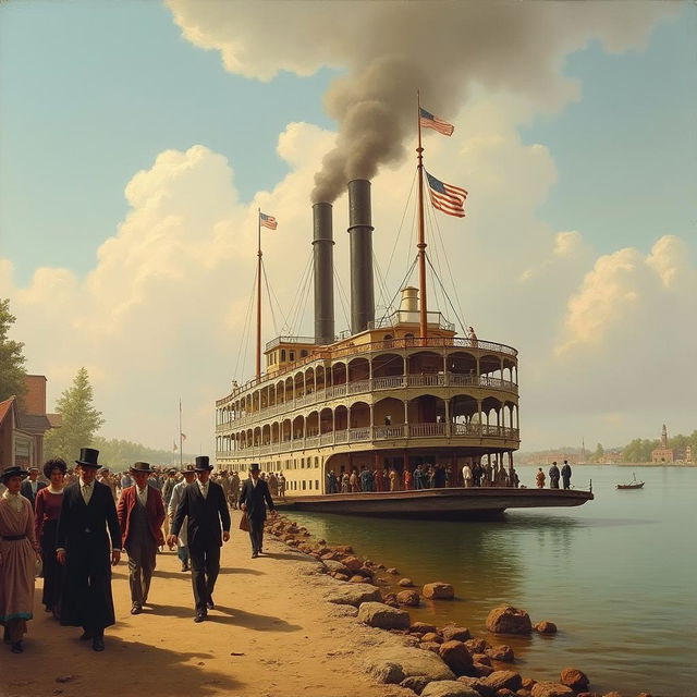 19th century painting of a Mississippi paddle boat docked, capturing the vibrant scene with many people walking along the riverbank