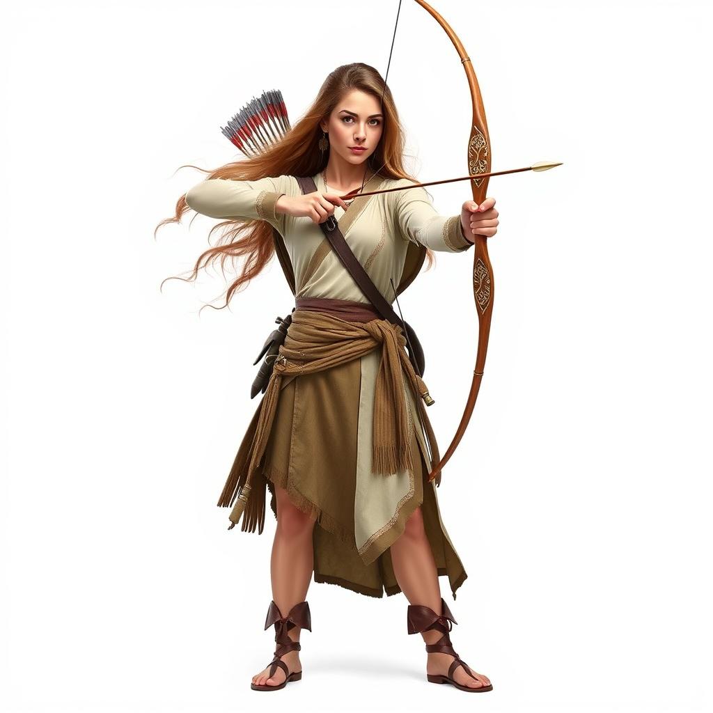 A full-body portrait of a female archer standing on a white background