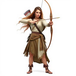 A full-body portrait of a female archer standing on a white background