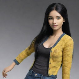 Generate an image of a 15-year-old female Na'vi. She has a round face, slightly asian eyes, chic low-rise bell bottoms, and messy black hair. She wears a stylish see-through cardigan, displaying confident and unique style.