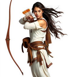 A full-body portrait of a female archer standing on a white background