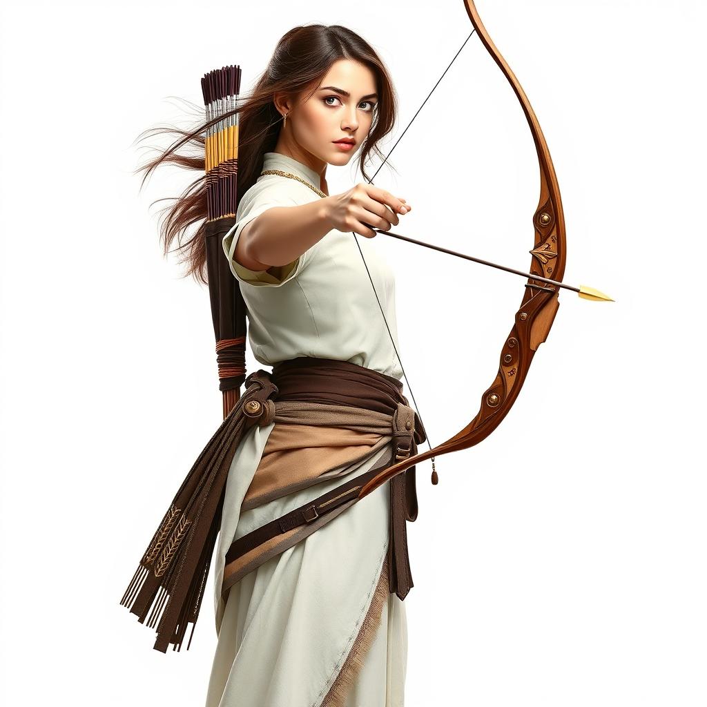 A full-body portrait of a female archer standing on a white background