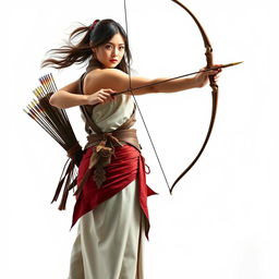 A full-body portrait of a female archer standing on a white background