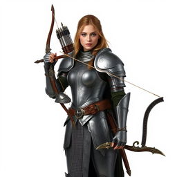 A female archer in full body armor, standing against a white background