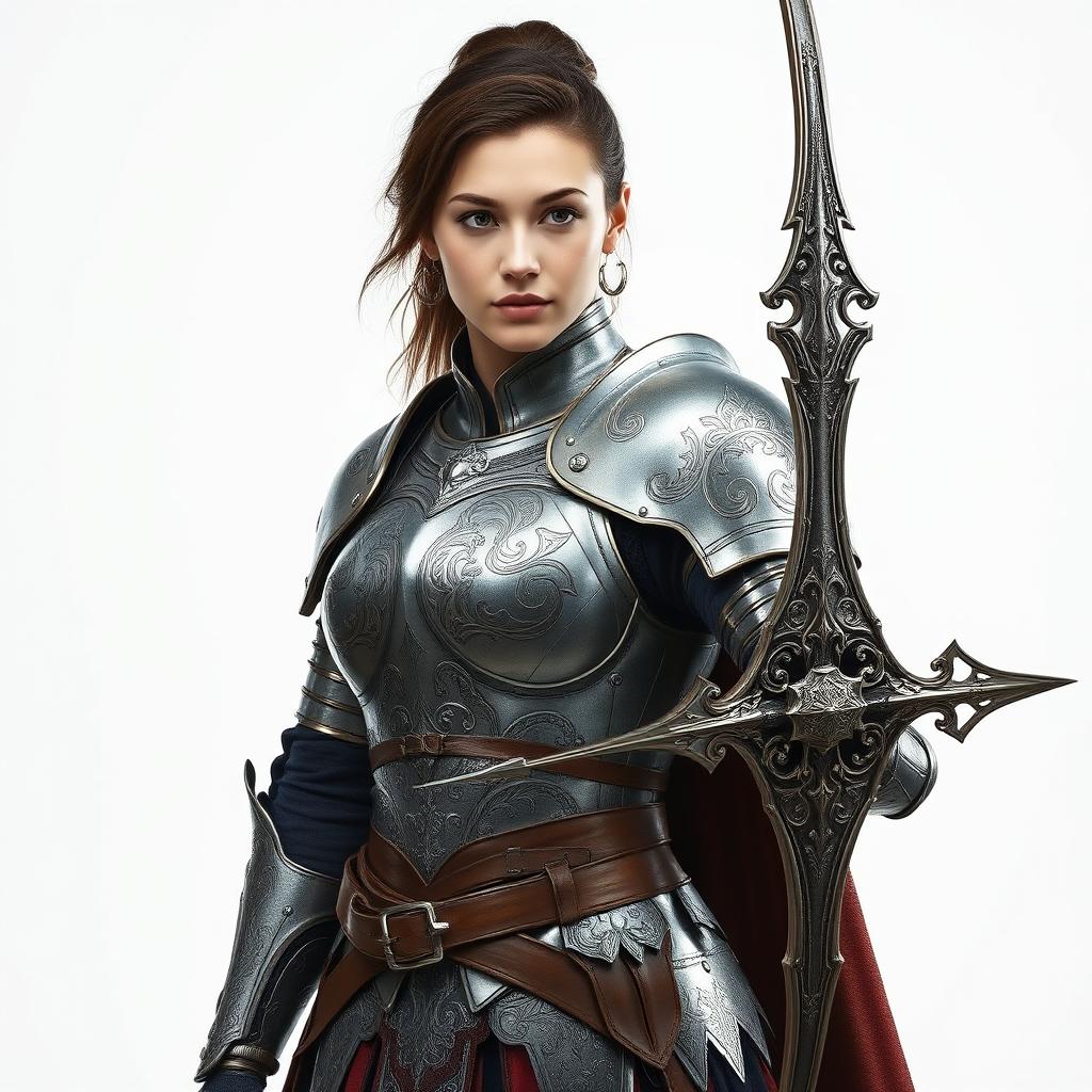 A female archer in full body armor, standing against a white background