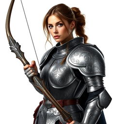 A female archer in full body armor, standing against a white background