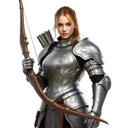 A female archer in full body armor, standing against a white background