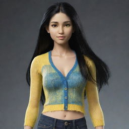 Generate an image of a 15-year-old female Na'vi. She has a round face, slightly asian eyes, chic low-rise bell bottoms, and messy black hair. She wears a stylish see-through cardigan, displaying confident and unique style.