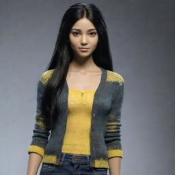 Generate an image of a 15-year-old female Na'vi. She has a round face, slightly asian eyes, chic low-rise bell bottoms, and messy black hair. She wears a stylish see-through cardigan, displaying confident and unique style.