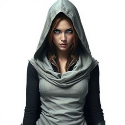 a mysterious female assassin wearing a hooded cloak standing on a white background