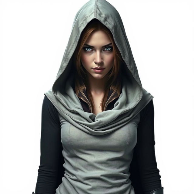 a mysterious female assassin wearing a hooded cloak standing on a white background