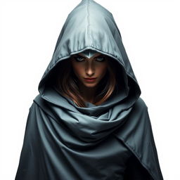 a mysterious female assassin wearing a hooded cloak standing on a white background