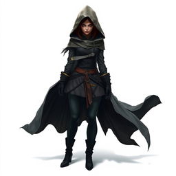 a mysterious female assassin wearing a hooded cloak standing on a white background