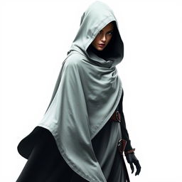 a mysterious female assassin wearing a hooded cloak standing on a white background