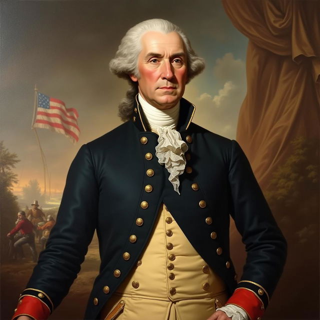 Majestic painting of General George Washington, capturing his commanding presence and leadership during the American Revolutionary War