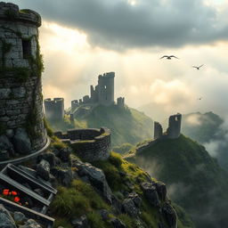 A magnificent view of a kingdom in ruins seen from atop a mountain