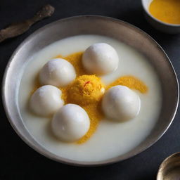 A tempting shot of rasogulla, an Indian sweet dumpling, swimming in a bowl full of sugar syrup and garnished with saffron strands