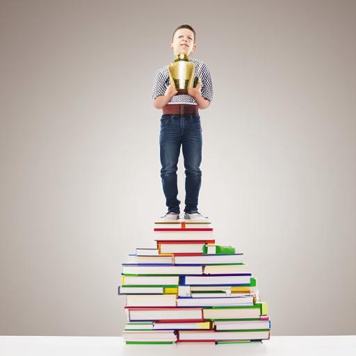 A diligent student on top of a tower of books, with a sparkling trophy symbolizing success in studies.