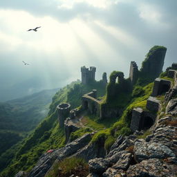 A magnificent view of a kingdom in ruins seen from atop a mountain