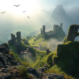 A magnificent view of a kingdom in ruins seen from atop a mountain