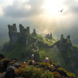 A magnificent view of a kingdom in ruins seen from atop a mountain