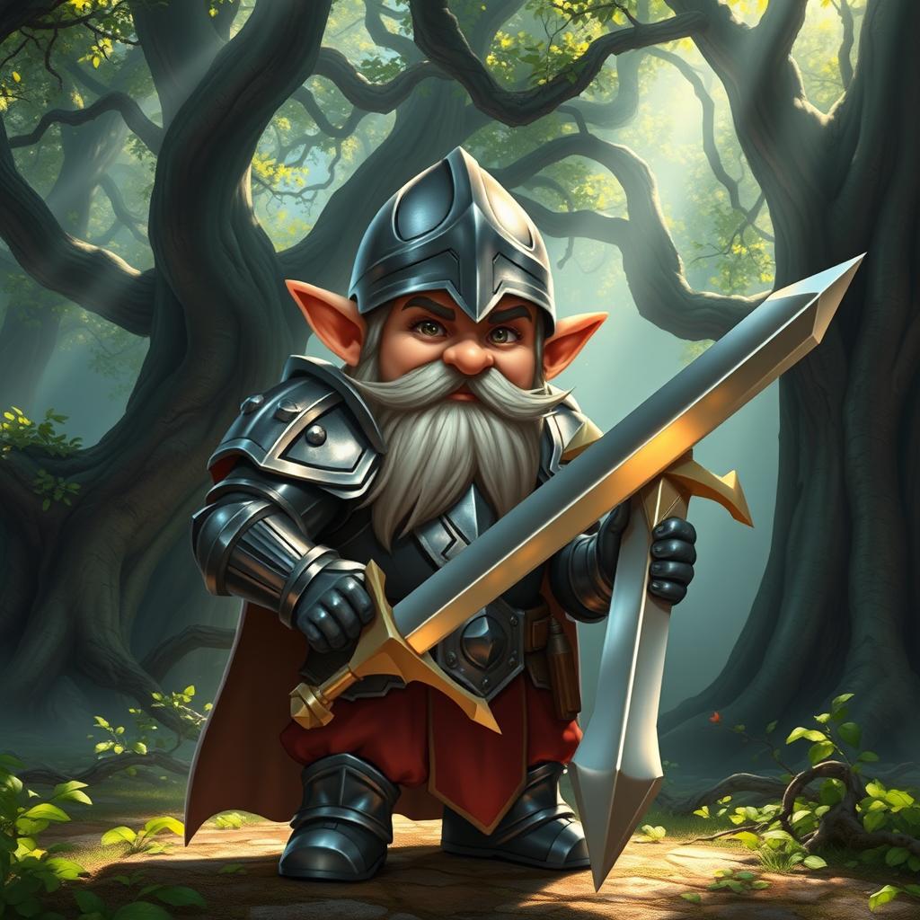 A valorous gnome paladin with gleaming armor polished to a mirror sheen, wielding a radiant sword