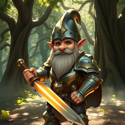 A valorous gnome paladin with gleaming armor polished to a mirror sheen, wielding a radiant sword