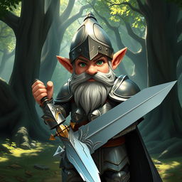 A valorous gnome paladin with gleaming armor polished to a mirror sheen, wielding a radiant sword