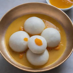 A tempting shot of rasogulla, an Indian sweet dumpling, swimming in a bowl full of sugar syrup and garnished with saffron strands