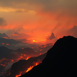 A fiery kingdom viewed from a mountain