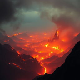 A fiery kingdom viewed from a mountain