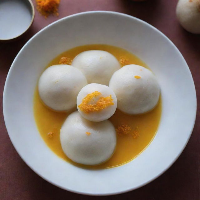 A tempting shot of rasogulla, an Indian sweet dumpling, swimming in a bowl full of sugar syrup and garnished with saffron strands