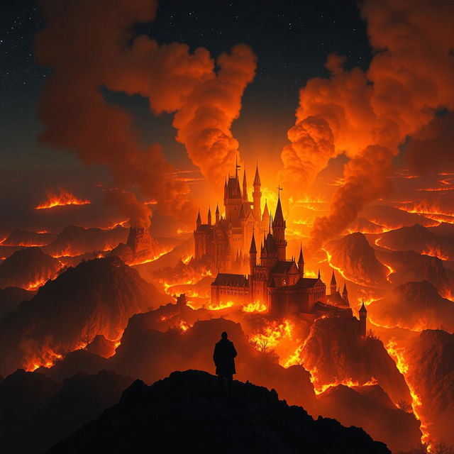 A kingdom engulfed in flames, viewed from the top of a mountain