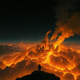 A kingdom engulfed in flames, viewed from the top of a mountain