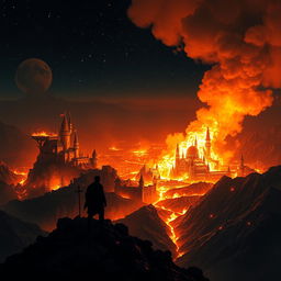 A kingdom engulfed in flames, viewed from the top of a mountain