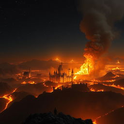 A kingdom engulfed in flames, viewed from the top of a mountain