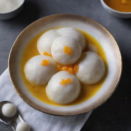 A tempting shot of rasogulla, an Indian sweet dumpling, swimming in a bowl full of sugar syrup and garnished with saffron strands