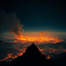 A vast kingdom engulfed in flames viewed from atop a high mountain