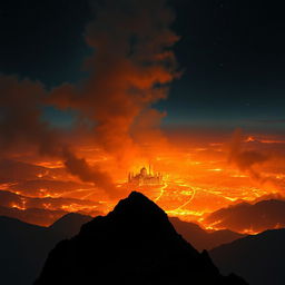 A vast kingdom engulfed in flames viewed from atop a high mountain