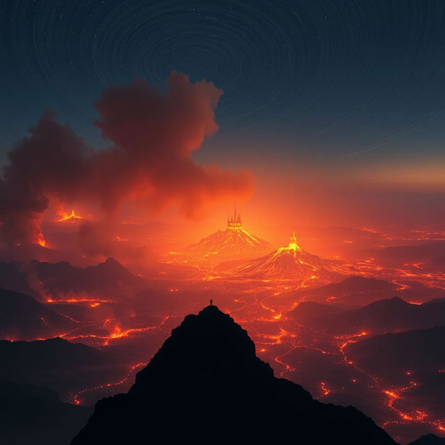 A vast kingdom engulfed in flames viewed from atop a high mountain