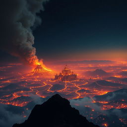 A vast kingdom engulfed in flames viewed from atop a high mountain