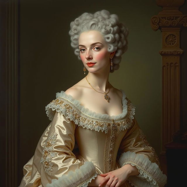 18th century portrait of an aristocratic lady elegantly posing in a luxurious silk dress, adorned with intricate embroidery and delicate lace