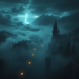 A dark, mystical kingdom viewed from above