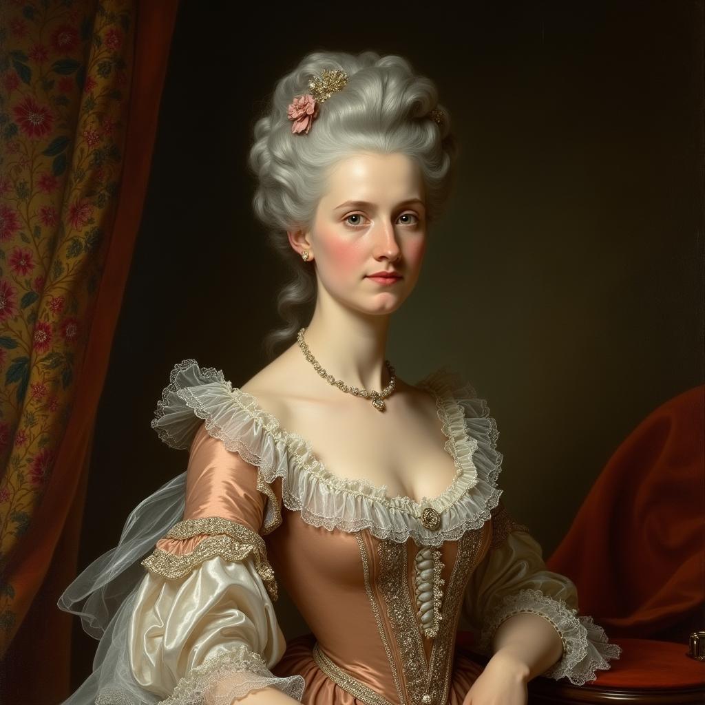 18th century portrait of an aristocratic lady, elegantly poised, wearing a luxurious silk dress adorned with delicate lace and intricate embroidery